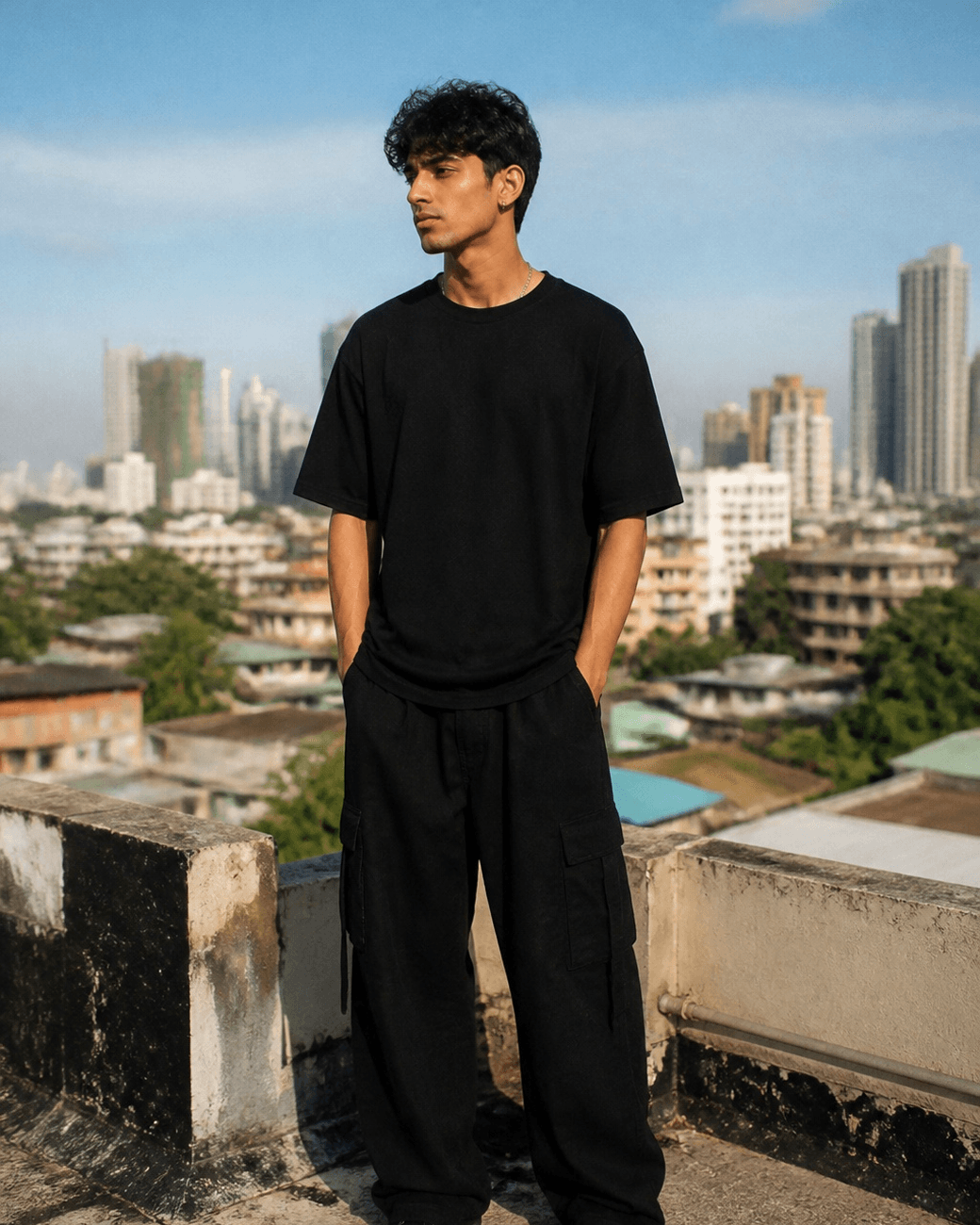 The Seventy Seven model wearing a minimal black tee in Colombo